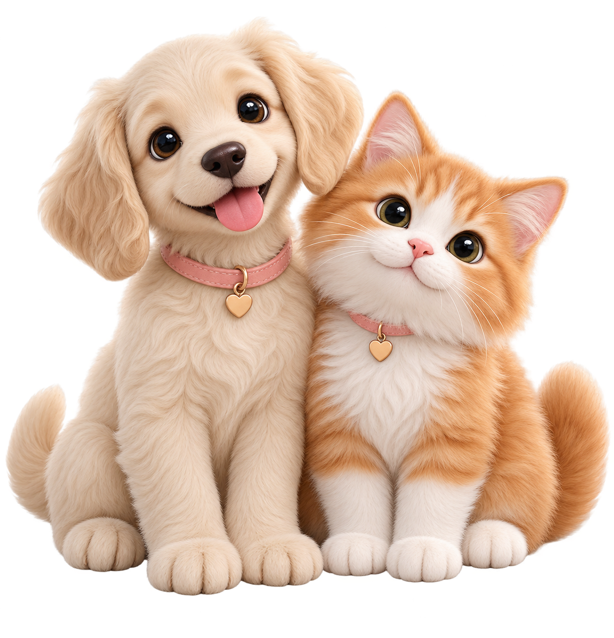 A happy cream dog and ginger cat sitting side by side